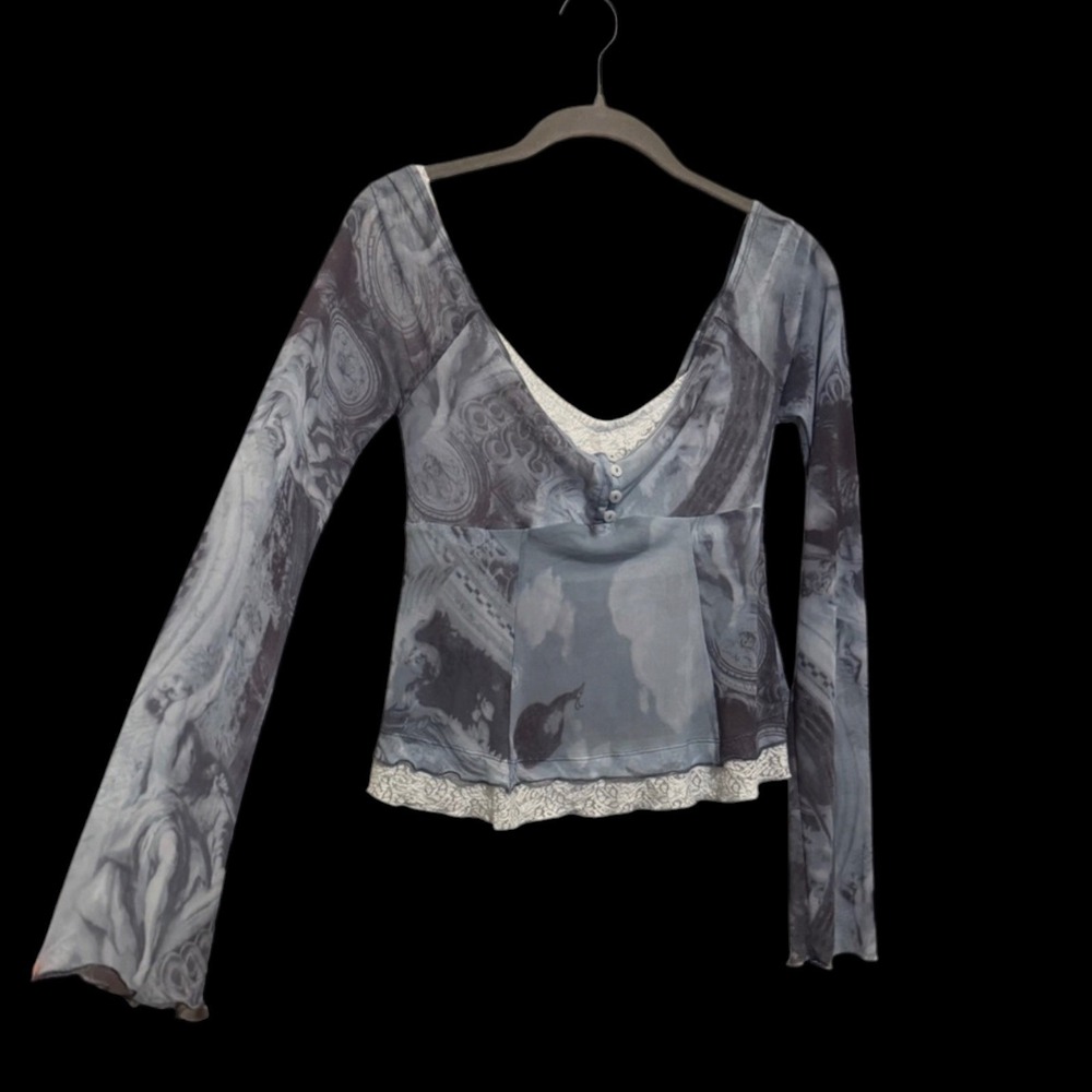 Silence + Noise Mesh Top Women Medium Blue Renaissance Coquette Y2K Fairycore